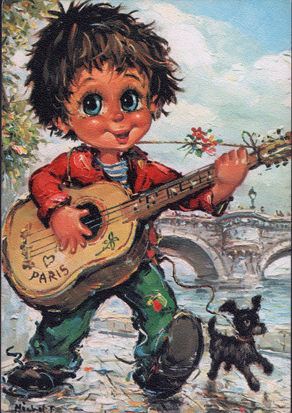 Gamin guitariste sur les quais de Seine | Carte encadrée - Petits Poulbots