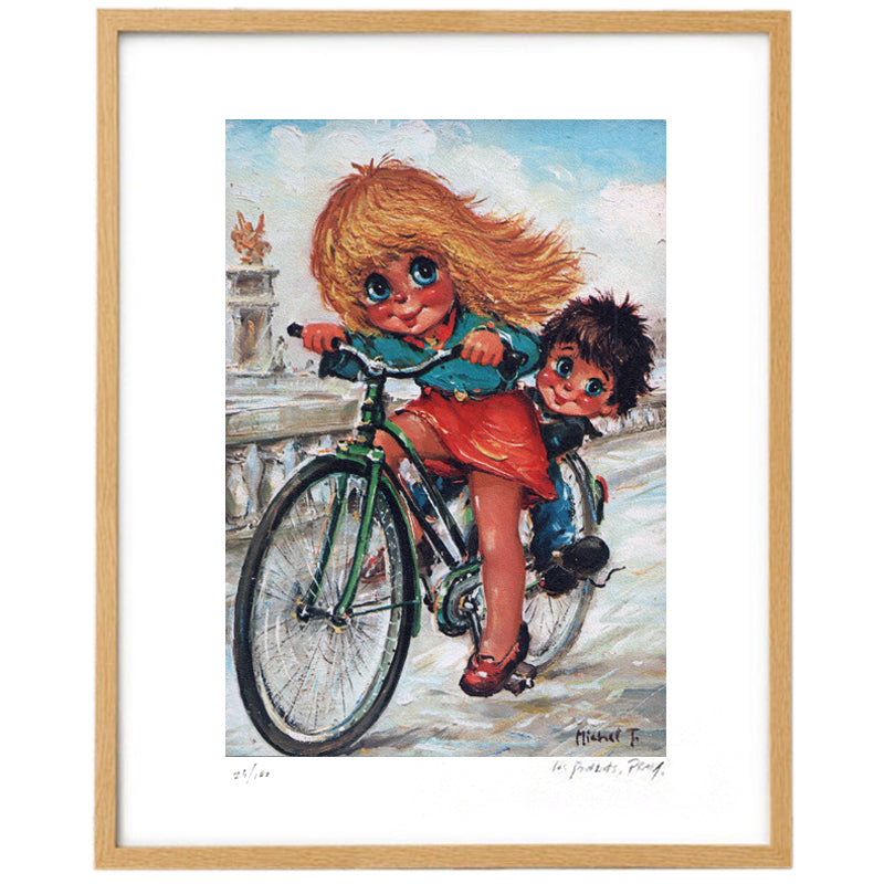 Gamine et gamin sur un vélo à Paris | Lithographie édition limitée - Petits Poulbots