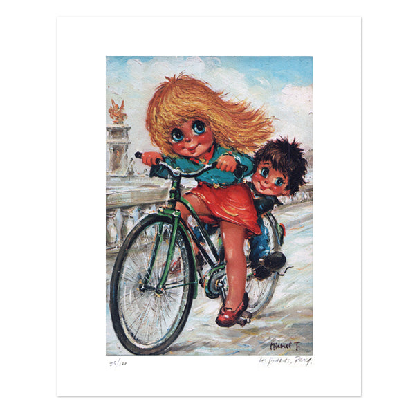 Gamine et gamin sur un vélo à Paris | Lithographie édition limitée - Petits Poulbots