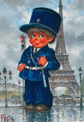 Le gendarme devant la Tour Eiffel | Carte encadrée - Petits Poulbots